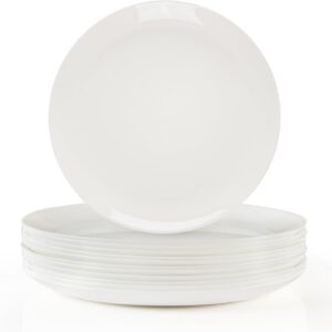Dinner Plates Set of 12, 10-1/2 inch Glass Salad Plate Set Scratch Resistant, Kitchen White Plates for Serving Dishes, Microwave and Dishwasher Safe