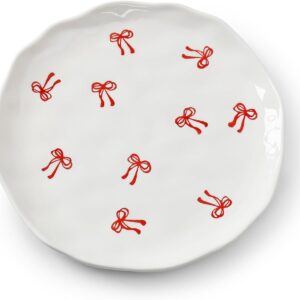 Floral Ceramic Dinner Plates, 8" Microwave Safe Dishes for Pasta, Modern Rustic Appetizer Plate for Salad Fruits Dessert Cake (Double Line Bow)