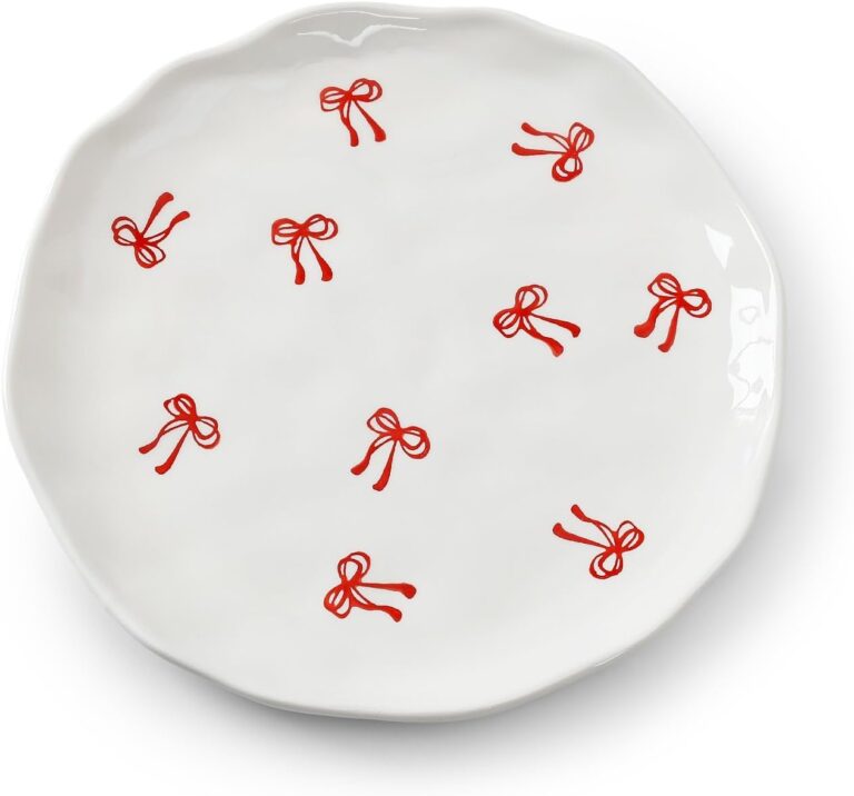 Floral Ceramic Dinner Plates, 8" Microwave Safe Dishes for Pasta, Modern Rustic Appetizer Plate for Salad Fruits Dessert Cake (Double Line Bow)