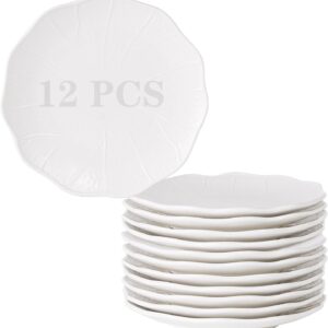 7 Inch Porcelain Dessert Plates 12 Pcs, Appetizer Plates, Relief Design Lotus Leaf Texture Dinnerware Sets, Small Dinner Plates, Scratch Resistant, Microwave, Oven and Dishwasher Safe, White