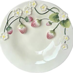 Handmade 3D Embossed Strawberry Ceramic Plate,Floral and Fruit Design Porcelain Dinner Plates,Round Hand Painted Relief Porcelain Breakfast Dessert Plate,10 Inches,White,1 Pack