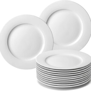 12-Piece White Porcelain Dinner Plates, Round Dessert or Salad Plate, Serving Dishes, Dinnerware Sets, Scratch Resistant, Lead-Free, Microwave, Oven and Dishwasher Safe (10.5-inch)