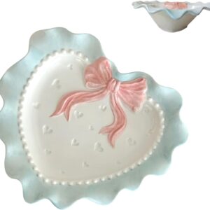 Ceramic Heart Bowl Dish Cute Bow Knot Plate Heart Decorative Dish Embossed Dessert Dish Irregular Dining Dish Dinner Bowl Salad Dessert Plate for Soup Crockery Kitchen Decoration Blue