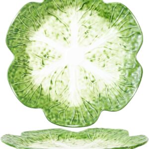 1 Pcs Green Ceramic Salad Plate, 10.5 Inch Porcelain Decorative Plates for Kitchen, Round cabbage dishware for Dessert, Decorative, Dinner, Pancakes, Steak, Cabbage Plate Microwave & Dishwasher Safe