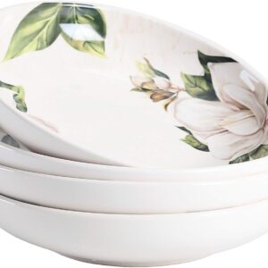 Magnolia Floral Pasta Bowls, 35oz Salad Bowl Set of 4, Large Ceramic Serving Dinner Bowls for Soup and Cereal, Microwave and Dishwasher Safe, Gift for Housewarming and Thanksgiving