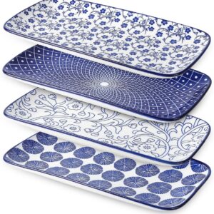 Ceramic Rectangular Salad Plates Set, Dinner Plate 9.4 Inch Dessert Plates for Party Entertaining, Small Serving Plates for Appetizers, Sushi, Fruit, Set of 4, Vintage Blue